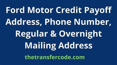 What is the overnight mailing address for Ford motor credit overnight payoff address is FMCC 1005 CONVENTION PLAZA ST LOUIS MO 63101 Where do you send your overnight payoff to. . Ford motor credit overnight physical payoff address